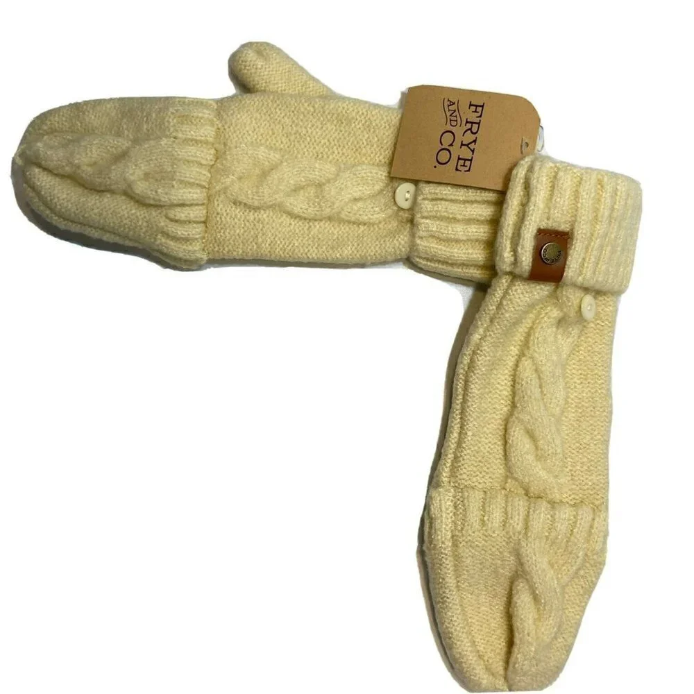 Frye & Co NWT Womens Butter Creamy Tan Cable Knit Pop Top Mitten Gloves-OSFM